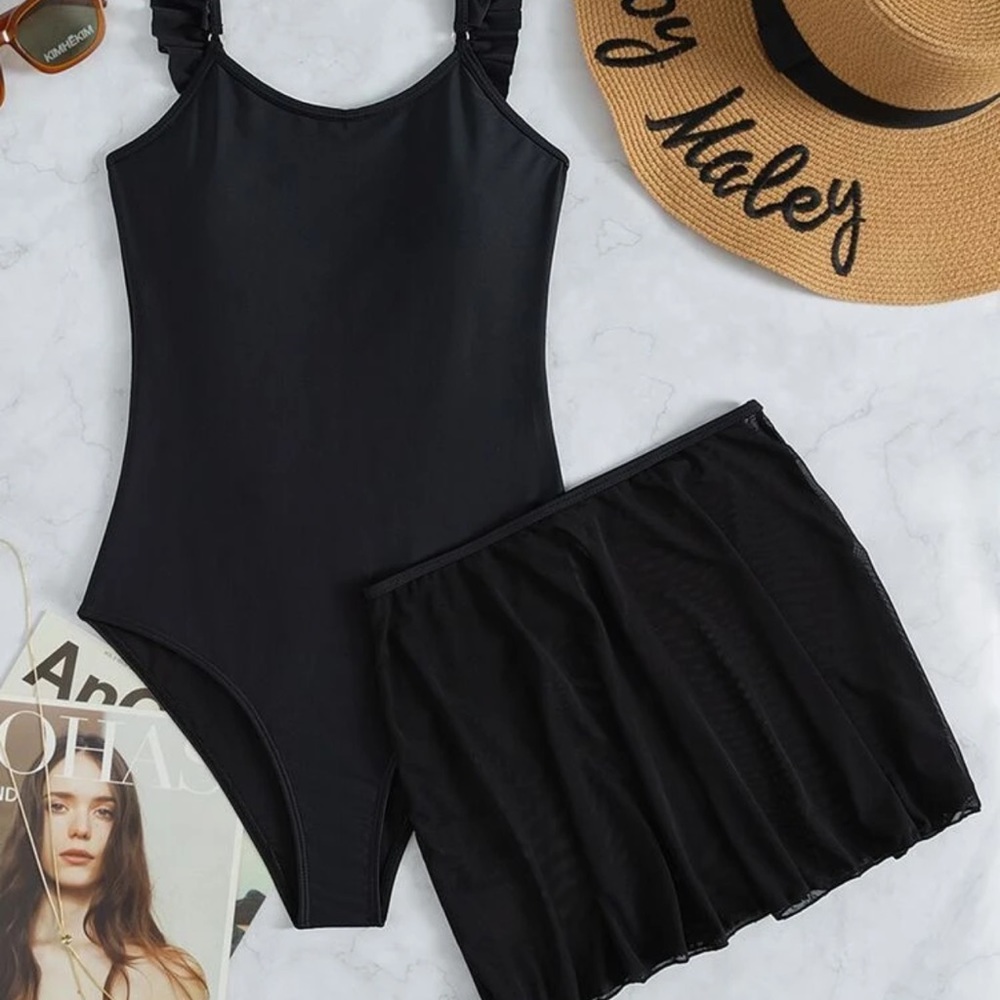2pack Ruffle Shoulder One Piece Swimsuit & Beach Skirt